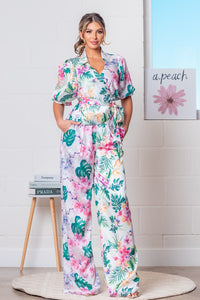 Pink Multi Tropical Tie Front Wrap Top with Pants Set
