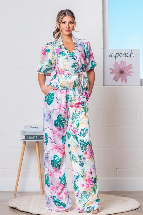 Pink Multi Tropical Tie Front Wrap Top with Pants Set