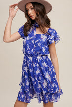 Bright Blue Flower Print Ruffle Sleeve Waist Tie Dress
