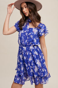 Bright Blue Flower Print Ruffle Sleeve Waist Tie Dress