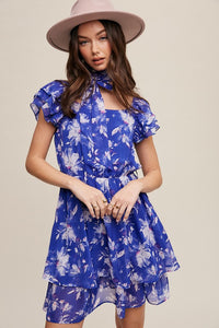 Bright Blue Flower Print Ruffle Sleeve Waist Tie Dress