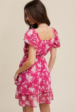 Fuchsia Flower Print Ruffle Sleeve Waist Tie Dress