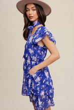 Bright Blue Flower Print Ruffle Sleeve Waist Tie Dress