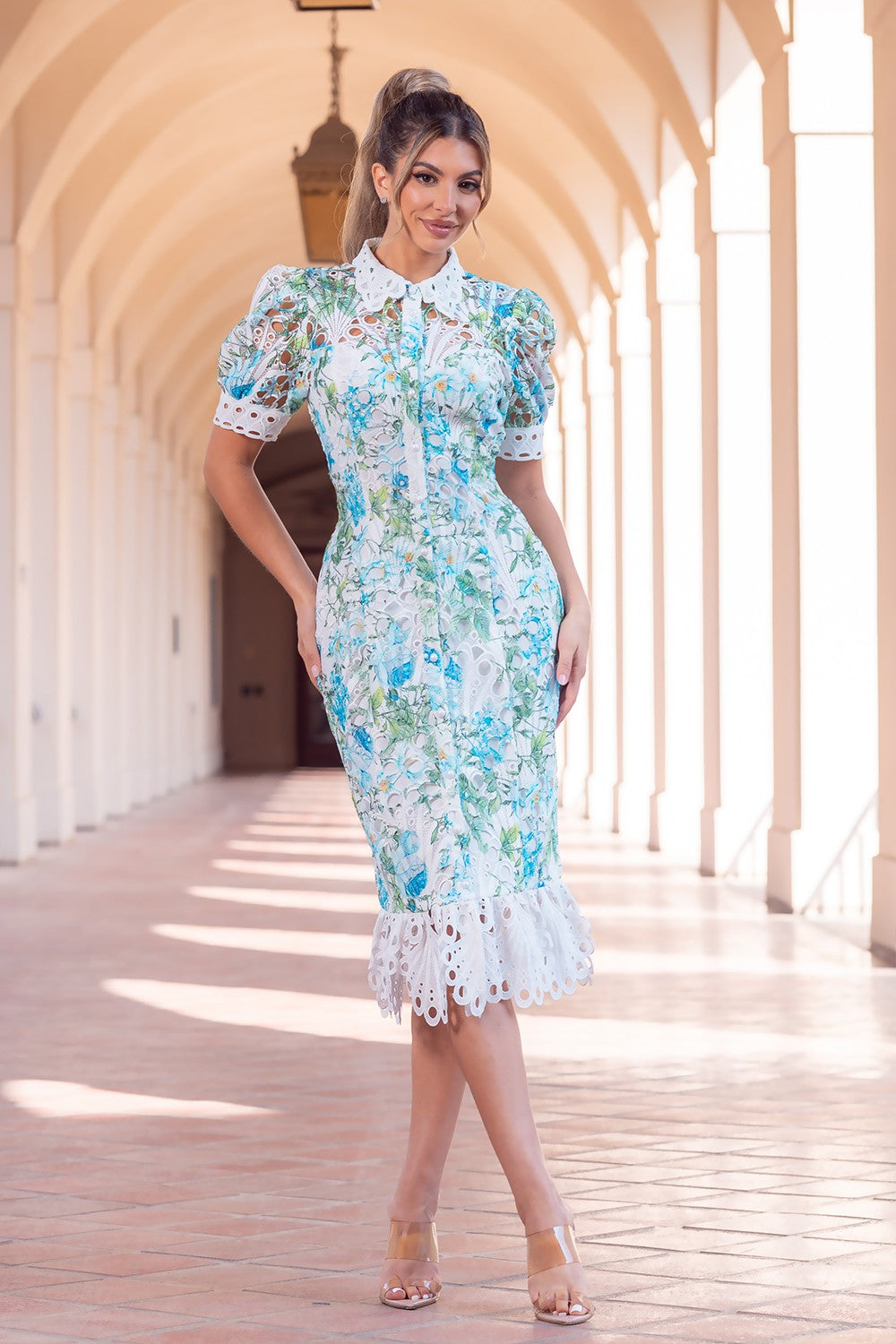 floral eyelet midi dress Baltic Born Womens Piper Eyelet Midi Dress | Off White + Green Floral