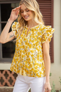 Yellow Lace Detailed Double Ruffle Sleeve Print Top