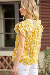 Yellow Lace Detailed Double Ruffle Sleeve Print Top
