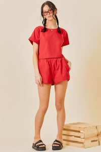 Red Round Neck Short Slvs Top With Shorts Set