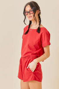 Red Round Neck Short Slvs Top With Shorts Set