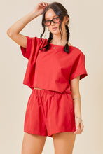 Red Round Neck Short Slvs Top With Shorts Set