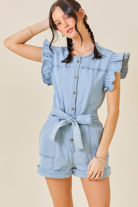 Light Denim Ruffle Sleeve Contrast Stitching Denim Romper