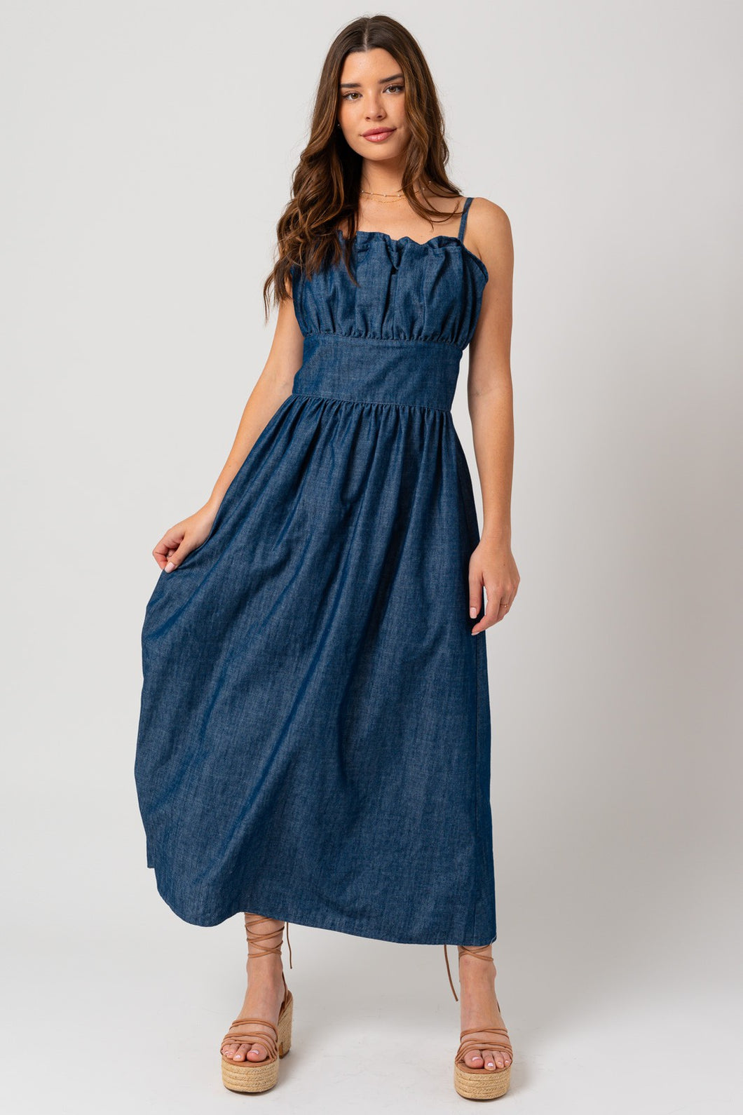 Denim Sleeveless Ruffle Denim Maxi Dress