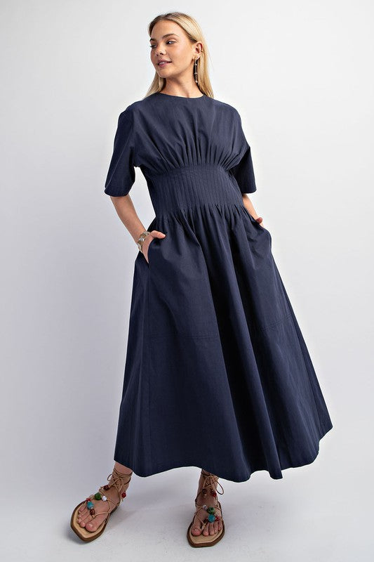 Navy Pintuck Waist Midi Dress
