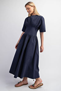 Navy Pintuck Waist Midi Dress