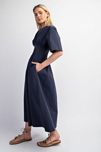 Navy Pintuck Waist Midi Dress