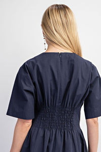 Navy Pintuck Waist Midi Dress