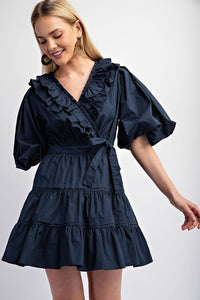 Navy Tiered Wrap Mini Dress
