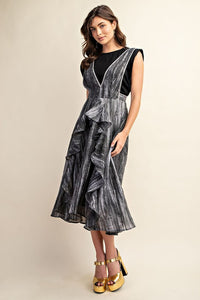 Grey Washed Tie-Dye Ruffled Midi Dress