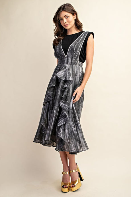Grey Washed Tie-Dye Ruffled Midi Dress