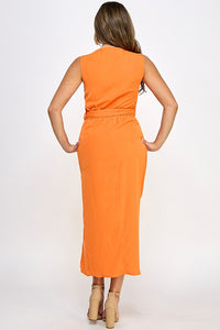 Orange Short Sleeve Surplice Front With Slit Midi Dress