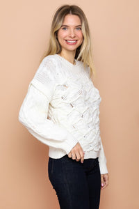 Ivory Cable Knit Sweater With Wavy Pattern