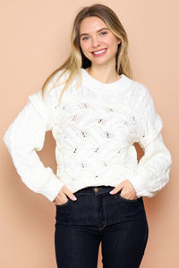 Ivory Cable Knit Sweater With Wavy Pattern