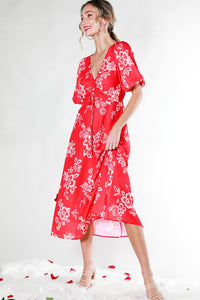 Red V-Neck Puff Short Sleeve Floral Midi Dress