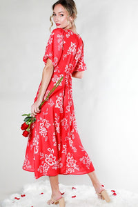 Red V-Neck Puff Short Sleeve Floral Midi Dress