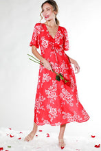 Red V-Neck Puff Short Sleeve Floral Midi Dress