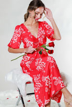 Red V-Neck Puff Short Sleeve Floral Midi Dress