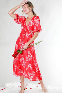 Red V-Neck Puff Short Sleeve Floral Midi Dress