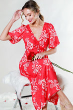 Red V-Neck Puff Short Sleeve Floral Midi Dress