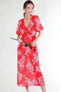 Red V-Neck Puff Short Sleeve Floral Midi Dress