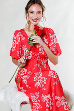 Red V-Neck Puff Short Sleeve Floral Midi Dress