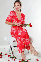 Red V-Neck Puff Short Sleeve Floral Midi Dress