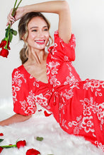 Red V-Neck Puff Short Sleeve Floral Midi Dress