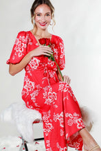 Red V-Neck Puff Short Sleeve Floral Midi Dress