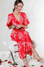 Red V-Neck Puff Short Sleeve Floral Midi Dress