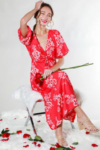 Red V-Neck Puff Short Sleeve Floral Midi Dress