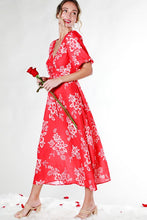 Red V-Neck Puff Short Sleeve Floral Midi Dress