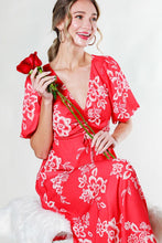 Red V-Neck Puff Short Sleeve Floral Midi Dress