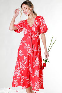 Red V-Neck Puff Short Sleeve Floral Midi Dress