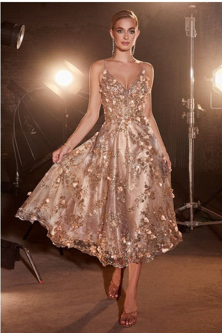 Gold Mist Floral Applique Tea Length Dress