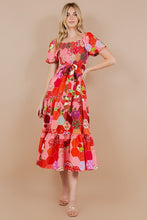 Pink Printed Short Bubble Sleeve Smocked Dress