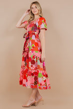 Pink Printed Short Bubble Sleeve Smocked Dress