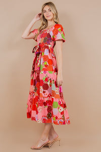 Pink Printed Short Bubble Sleeve Smocked Dress