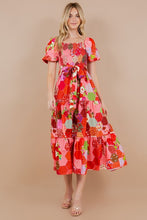 Pink Printed Short Bubble Sleeve Smocked Dress