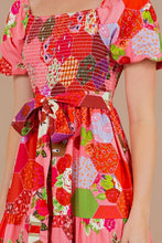 Pink Printed Short Bubble Sleeve Smocked Dress