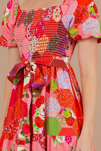 Pink Printed Short Bubble Sleeve Smocked Dress