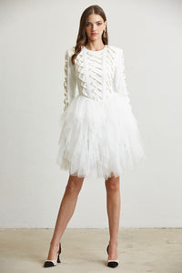 White Lace Up Multi-Tiered Tulle Dress