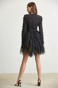 Black Lace Up Multi-Tiered Tulle Dress